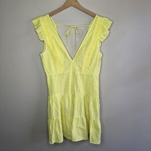Double Crazy Yellow Sleeveless Deep V-Neck Mini Dress Crochet Lace Detail Large
